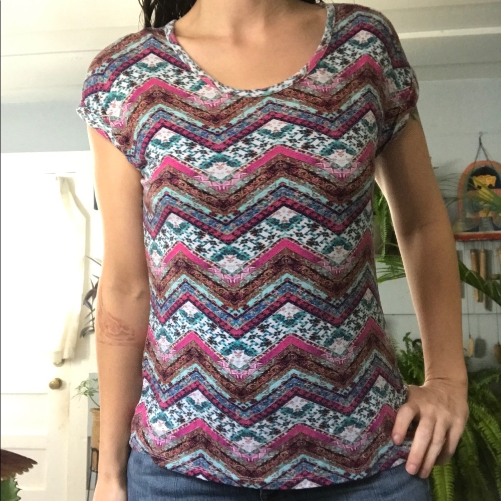 Pink Rose boho blue & pink geometric print top